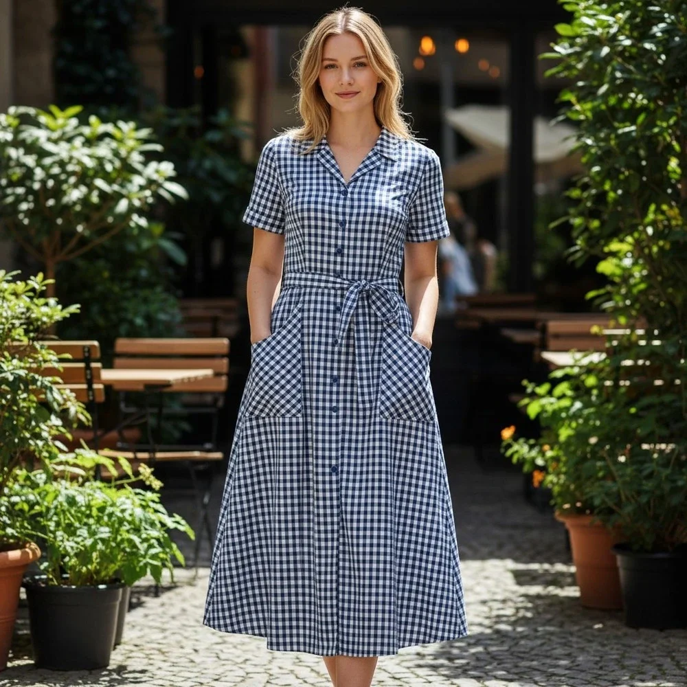 Vintage Handmade Mommy and Me Gingham Dress Set Navy Blue Cottagecore Matching